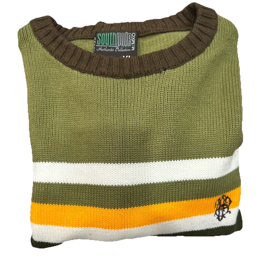 VTG Y2K SOUTHPOLE‎ Sweater Green Brown Striped 100% Acrylic Pullover Sweater - Picture 12 of 16